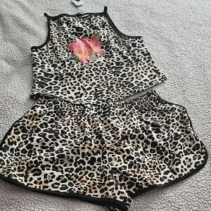 Fashion Nova Leopard Print Tank & Shorts Set with Pink Floral Accent